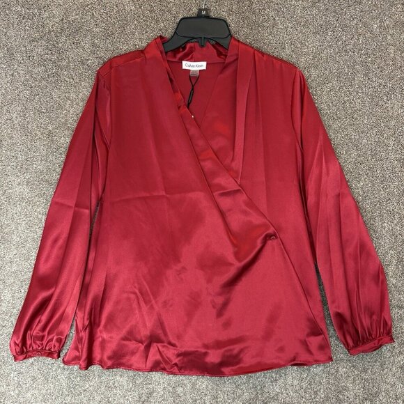 Calvin Klein Women's Satin Blouse Plus Size 1X Red Wrap Front V-Neck NWT $89 - Picture 4 of 16